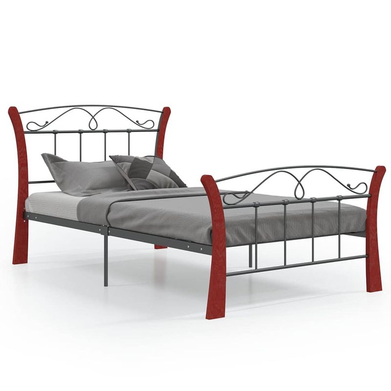 Foto van The living store bedframe eenpersoons - metaal/eikenhout - 206x100x100 cm - zwart/donkerhout