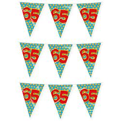 Foto van Paperdreams verjaardag 65 jaar thema vlaggetjes - 3x - feestversiering - 10m - folie - dubbelzijdig - vlaggenlijnen