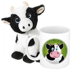 Foto van Cadeau set kind - koeien knuffel 14 cm en drinkbeker/mok koe 300 ml - knuffel boederijdieren