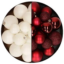 Foto van Kerstballen 60x stuks - mix donkerrood/wol wit - 4-5-6 cm - kunststof - kerstbal