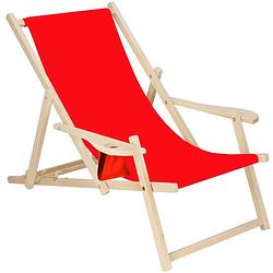 Foto van Ligbed strandstoel ligstoel verstelbaar armleuningen beukenhout handgemaakt rood