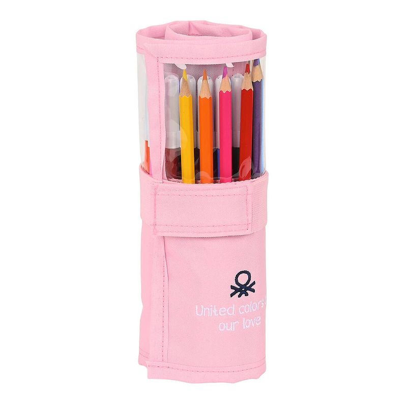 Foto van Schooletui met accessoires benetton vichy furling roze (27 onderdelen)