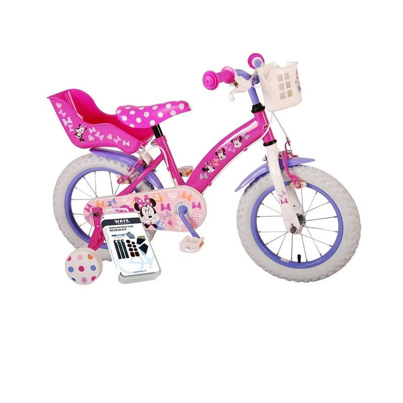 Foto van Volare kinderfiets minnie mouse - 14 inch - roze - twee handremmen - inclusief ways bandenplakset