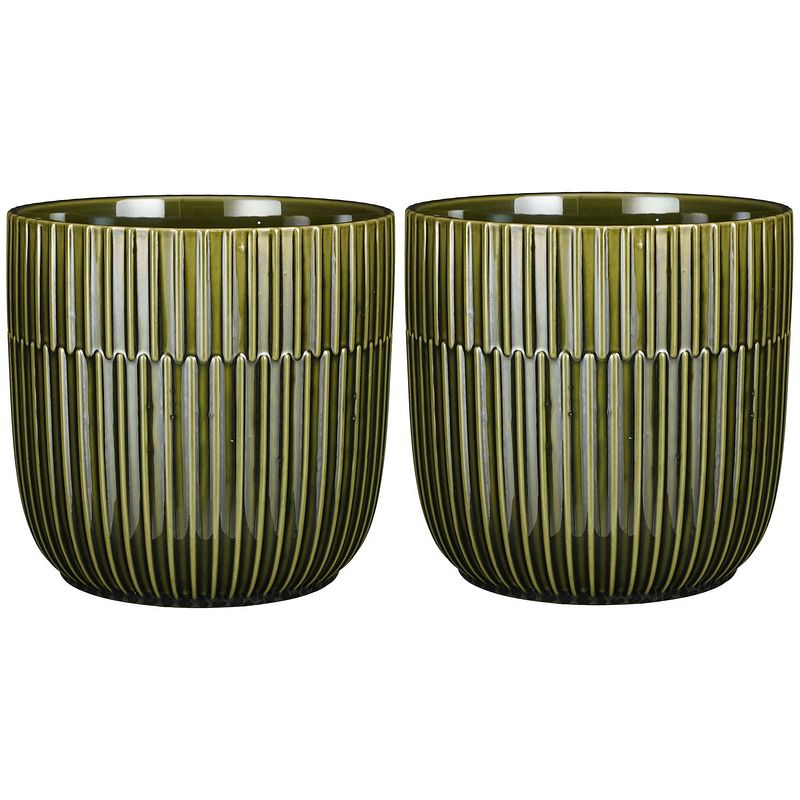 Foto van 2x stuks plantenpot/bloempot keramiek glans donkergroen stripes patroon - d19/h18 cm - plantenpotten