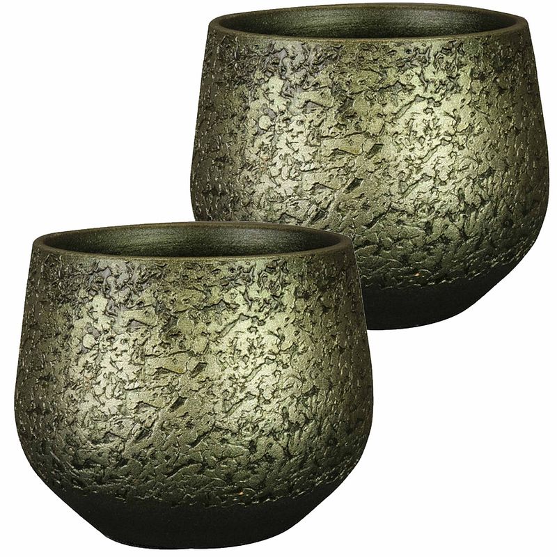 Foto van 2x stuks plantenpot/bloempot keramiek metallic donkergroen/gold finish - d23/h20 cm - plantenpotten