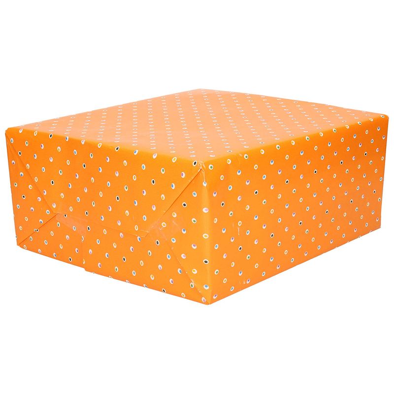 Foto van 3x inpakpapier/cadeaupapier oranje met gekleurde stippen motief 200 x 70 cm rol - cadeaupapier