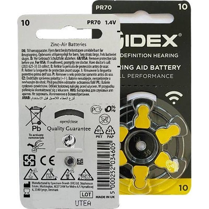 Foto van Widex hoortoestel batterijen 10 pakjes 60 batterijen gele sticker p10 gehoorapparaat
