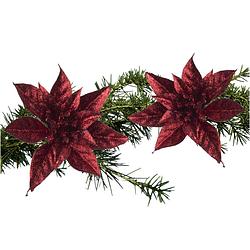 Foto van 2x stuks kerstboom bloemen kerstster rood glitter op clip 15 cm - kunstbloemen