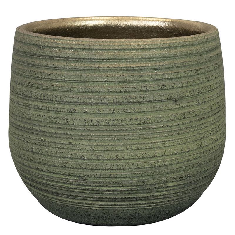 Foto van Plantenpot/bloempot keramiek donkergroen stripes relief - d15/h13 cm - plantenpotten