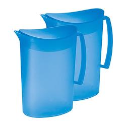 Foto van Juypal schenkkan/waterkan - 2x - blauw - 2 liter - kunststof - l20 x h23 cm - met deksel - schenkkannen