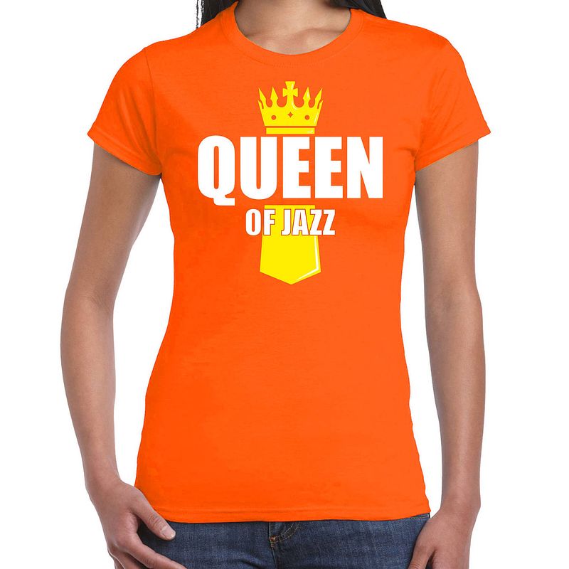 Foto van Oranje queen of jazz muziek shirt met kroontje - koningsdag t-shirt voor dames 2xl - feestshirts