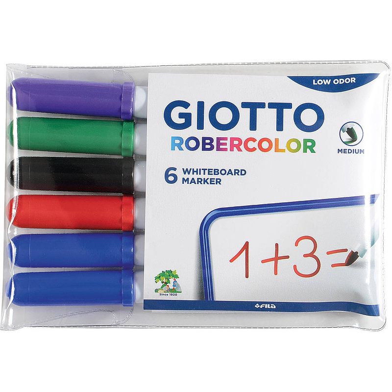 Foto van Giotto robercolor whiteboardmarker, medium, ronde punt, etui met 6 stuks in geassorteerde kleuren 20 stuks