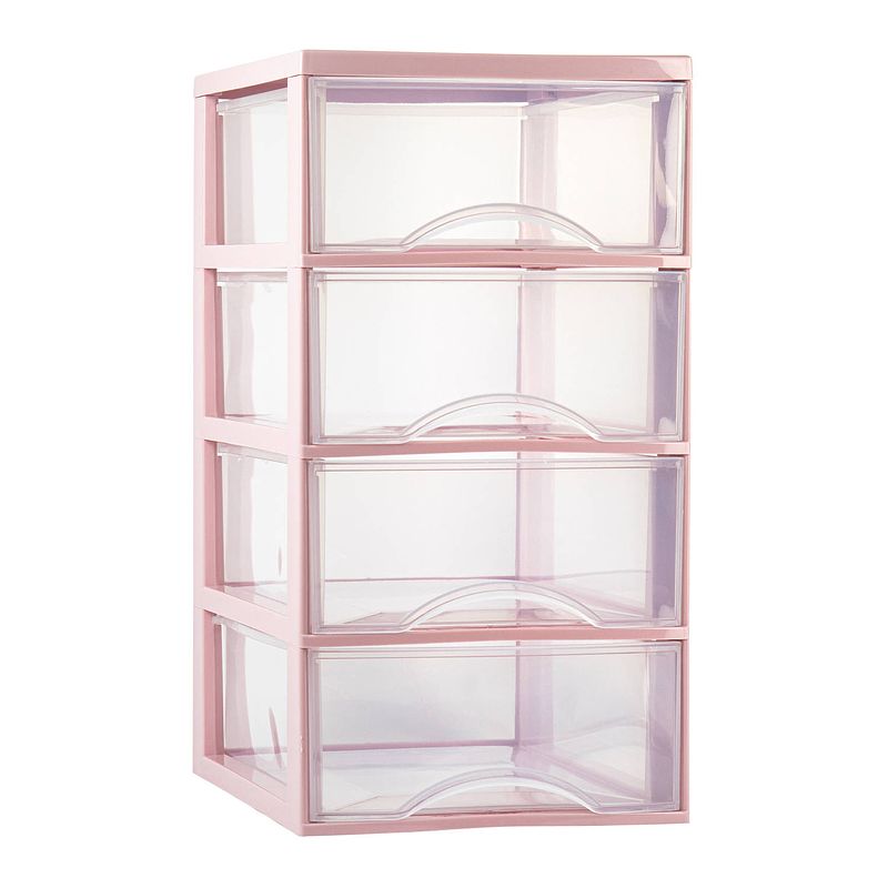 Foto van Plasticforte ladeblokje/bureau organizer 4x lades - transparant/roze - l26 x b36 x h49 cm - ladeblok