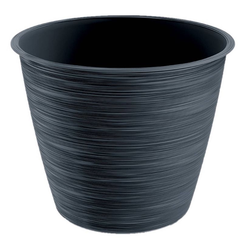 Foto van Stijlvolle kunststof plantenpot/bloempot dia 20 cm/hoogte 17 cm paintstripe antraciet grijs - plantenpotten