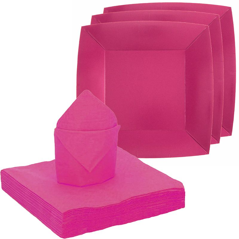 Foto van Feest/verjaardag servies set 10x gebaksbordjes/25x servetten - fuchsia roze - karton - feestbordjes