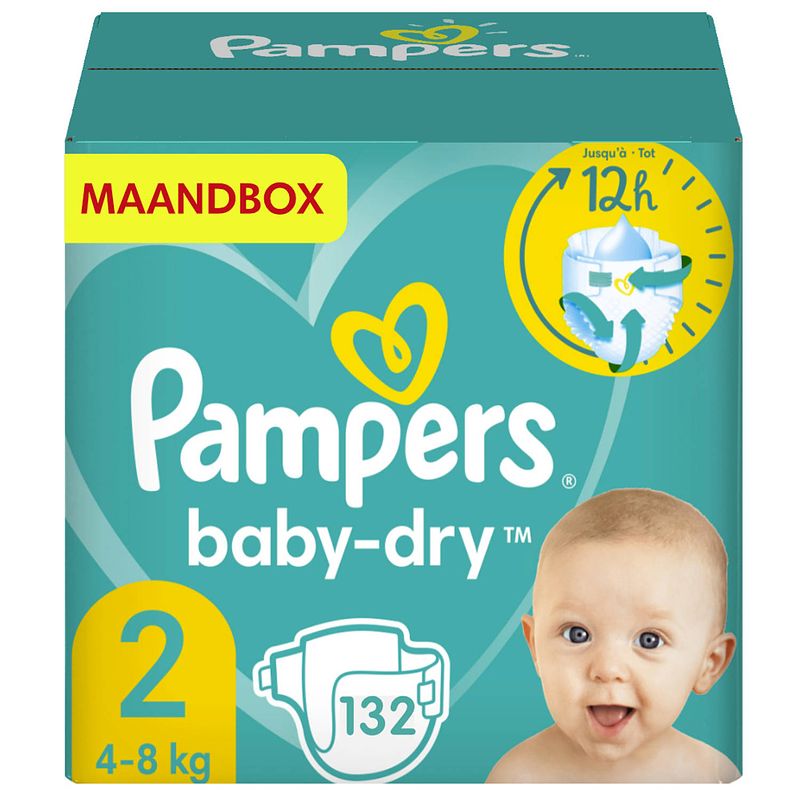 Foto van Pampers - baby dry - maat 2 - maandbox - 132 luiers - voordeel