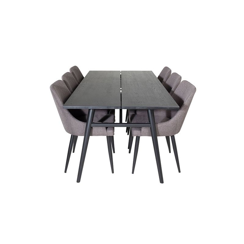 Foto van Sleek eethoek eetkamertafel uitschuifbare tafel lengte cm 195 / 280 zwart en 6 plaza eetkamerstal grijs, zwart.