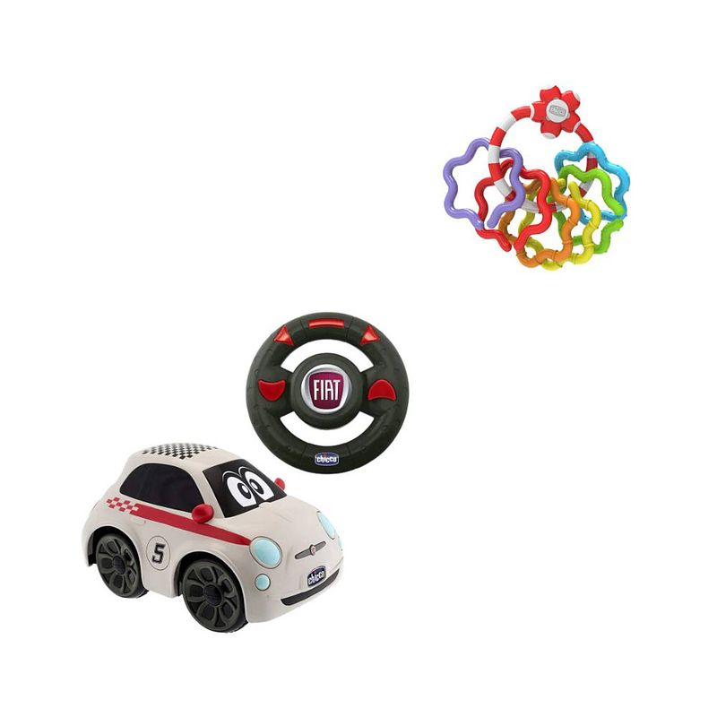 Foto van Chicco bundel - fiat 500 - bestuurbare speelgoedauto & rammelaar - regenboog speelringen