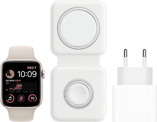 Foto van Apple watch se (2022) 44mm starlight aluminium starlight sportband + magsafe oplaadpakket