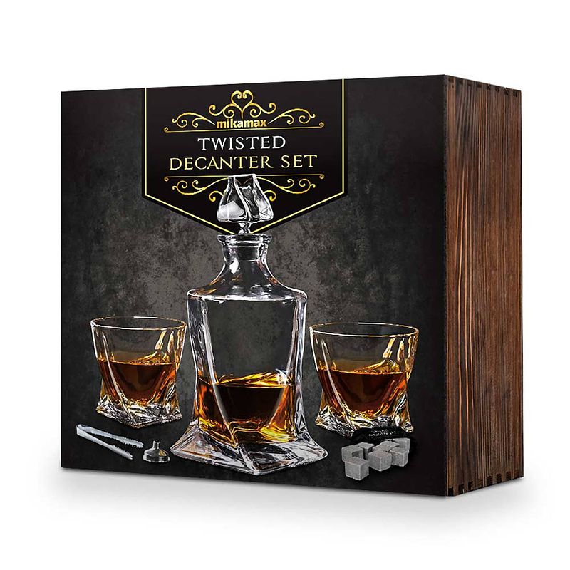 Foto van Twisted whiskey decanter - complete whisky set incl. glazen en stones - inhoud 1l - design decanter - whiskey karaf -