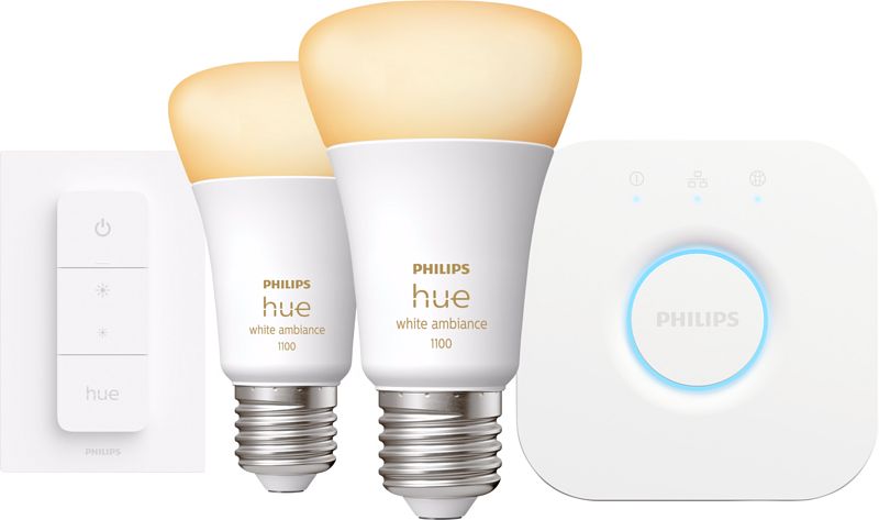 Foto van Philips hue white ambiance starter pack e27 met 2 lampen, dimmer + bridge