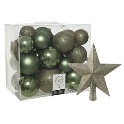 Foto van Kerstballen set 26x stuks kerstballen en ster piek mosgroen kunststof - kerstbal