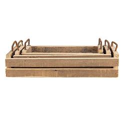 Foto van Haes deco - decoratieve dienbladen set van 3 bruin 40x25x11 / 35x16x10 / 25x7x10 cm - van hout metaal