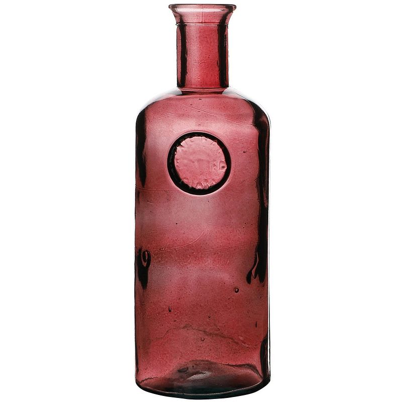 Foto van Natural living bloemenvaas olive bottle - robijn rood transparant - glas - d13 x h27 cm - fles vazen - vazen