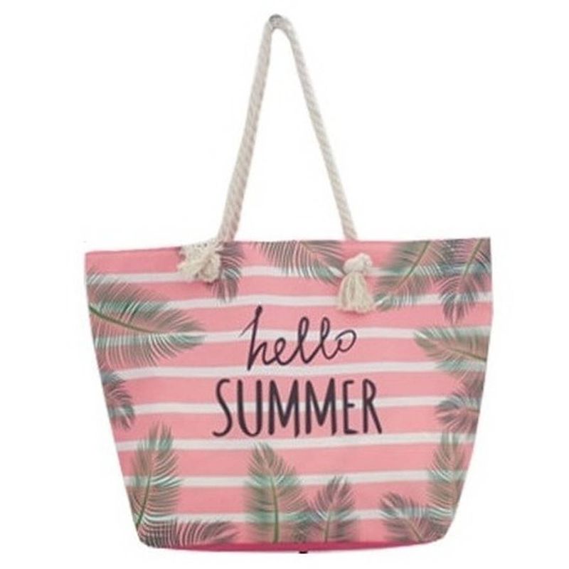 Foto van Strandtas roze/wit hello summer 54 cm - strandtassen