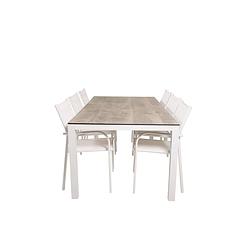 Foto van Llama tuinmeubelset tafel 100x205cm en 6 stoel santorini wit, grijs, crèmekleur.