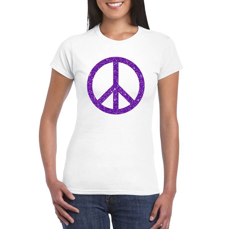 Foto van Toppers wit flower power t-shirt paarse glitter peace teken dames xl - feestshirts