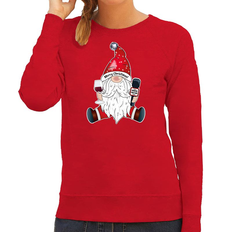 Foto van Bellatio decorations foute kersttrui/sweater voor dames - karaoke gnoom - rood - kerstkabouter s - kerst truien