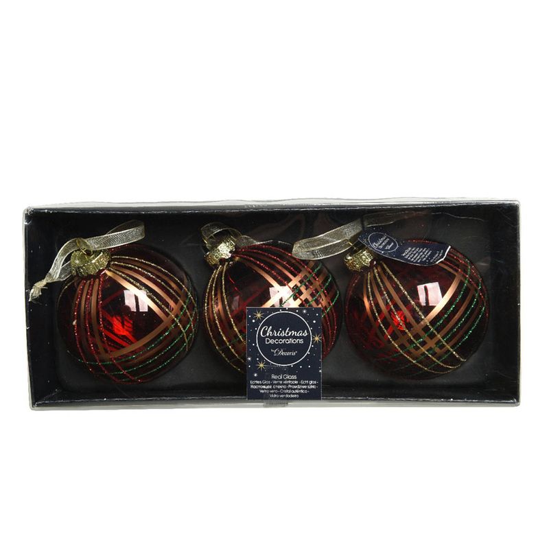 Foto van 3x stuks luxe glazen kerstballen brass gedecoreerd rood 8 cm - kerstbal