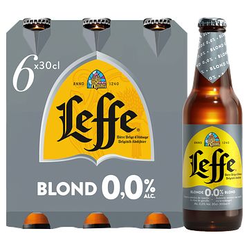 Foto van Leffe belgisch abdijbier blond 0,0% flessen 6 x 30cl bij jumbo