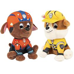 Foto van 2x stuks paw patrol pluche karakters knuffels rubble en zuma 15 cm - knuffeldier