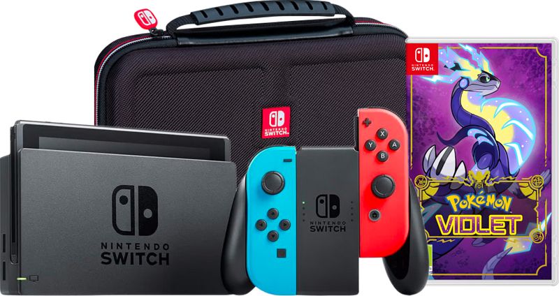 Foto van Nintendo switch rood/blauw + pokémon violet + big ben travel case