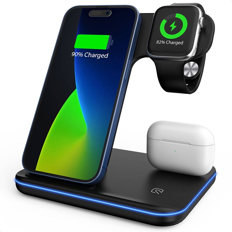 Foto van Strex 3-in-1 draadloze oplader - wireless charger - 15w fast charger - oplaadstation met snellader geschikt voor