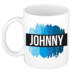 Foto van Naam cadeau mok / beker johnny met blauwe verfstrepen 300 ml - naam mokken