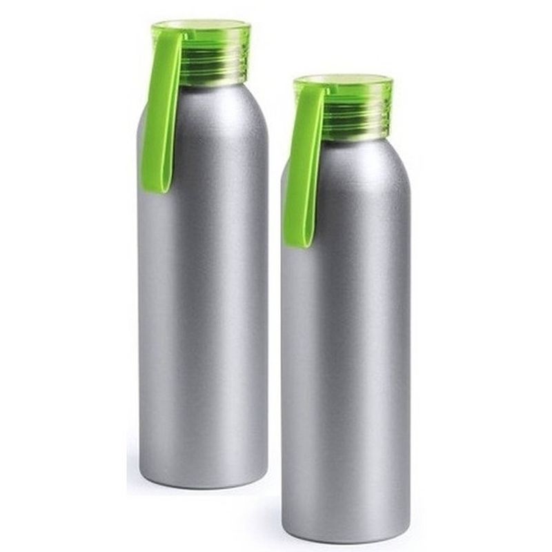 Foto van 2x aluminium drinkfles/waterfles met groene dop 650 ml - drinkflessen