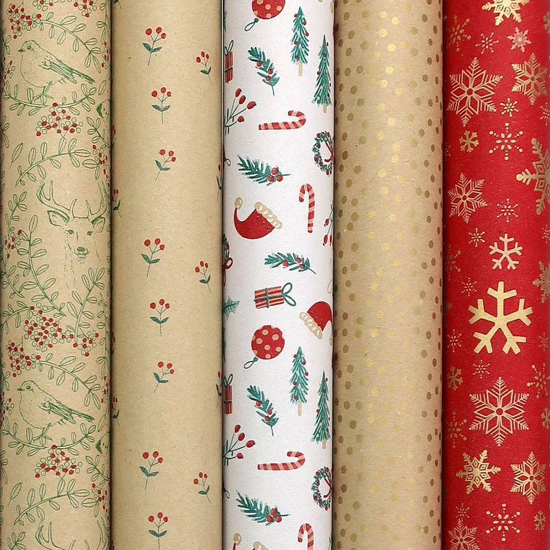 Foto van Winter garden assortiment 100% recyclet cadeaupapier inpakpapier voor kerstmis - 2 meter x 70 cm - 5 rollen