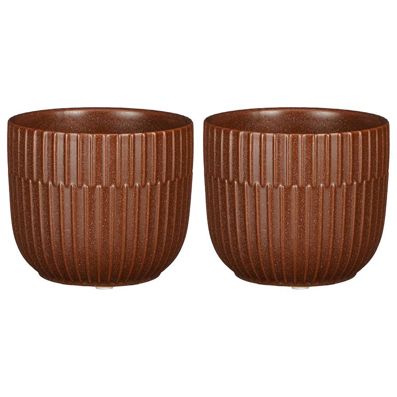 Foto van 2x stuks plantenpot/bloempot keramiek mat bruin stripes patroon - d11/h9 cm - plantenpotten