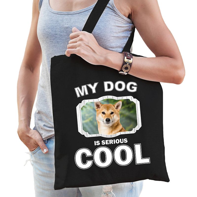 Foto van Katoenen tasje my dog is serious cool zwart - shiba inu honden cadeau tas - feest boodschappentassen