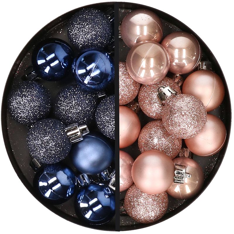 Foto van 34x stuks kunststof kerstballen donkerblauw en lichtroze 3 cm - kerstbal