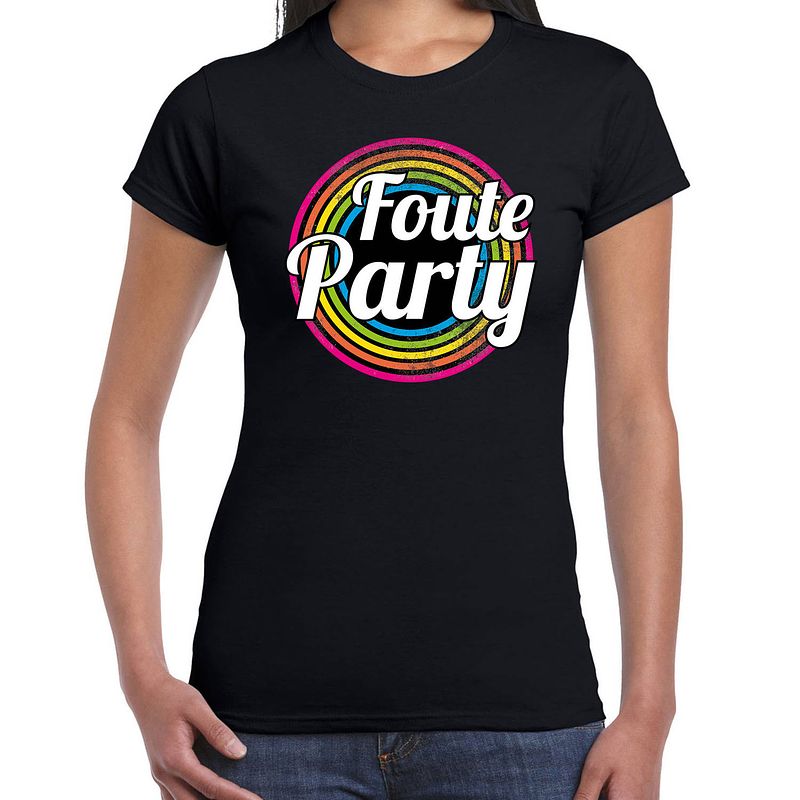 Foto van Foute party verkleed t-shirt zwart voor dames - 70s, 80s party verkleed outfit 2xl - feestshirts