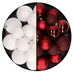 Foto van Kerstballen 60x stuks - mix donkerrood/wit - 4-5-6 cm - kunststof - kerstbal