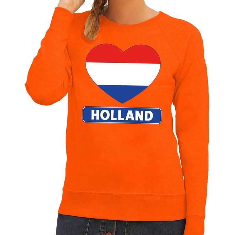 Foto van Oranje holland hart vlag sweater / trui dames - oranje koningsdag/ supporter kleding s