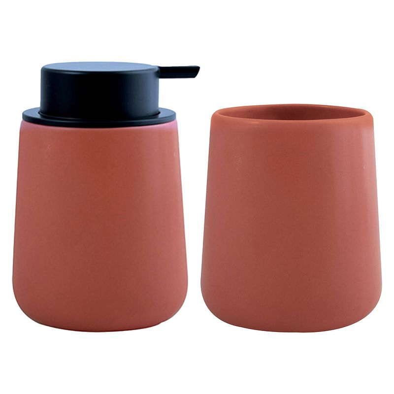 Foto van Msv zeeppompje en drink/tandenborstel beker - badkamer set malmo - keramiek - terracotta - badkameraccessoireset