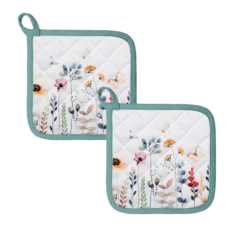 Foto van Haes deco - set van 2 pannenlappen - 20x20 cm - 100% katoen - flowerbomb