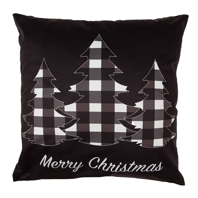 Foto van Clayre & eef kussenhoes 45x45 cm zwart wit polyester kerstbomen merry christmas sierkussenhoes zwart sierkussenhoes