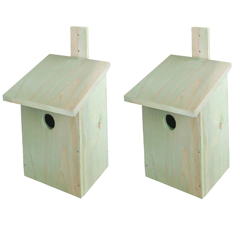 Foto van 2x stuks doe-het-zelf houten vogelhuisjes/nestkasten 23 cm - vogelhuisjes